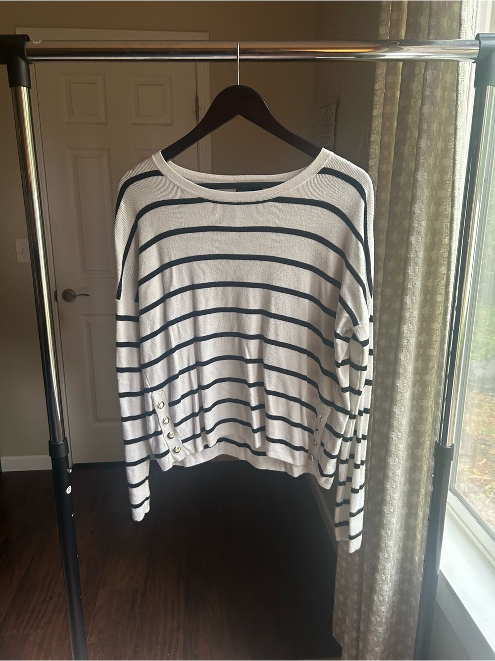 Lumiere White and Black Striped Long-Sleeve Top with Side Buttons